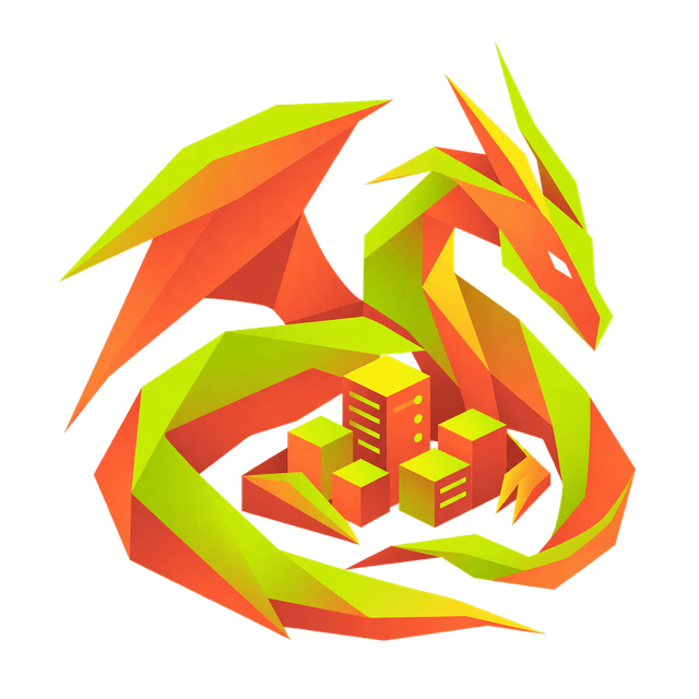 Low-poly dragon coiled around a developer hoard of servers